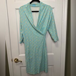 J. McLaughlin Faux Wrap Dress Aqua Yellow Trellis Print Stretch Size Large